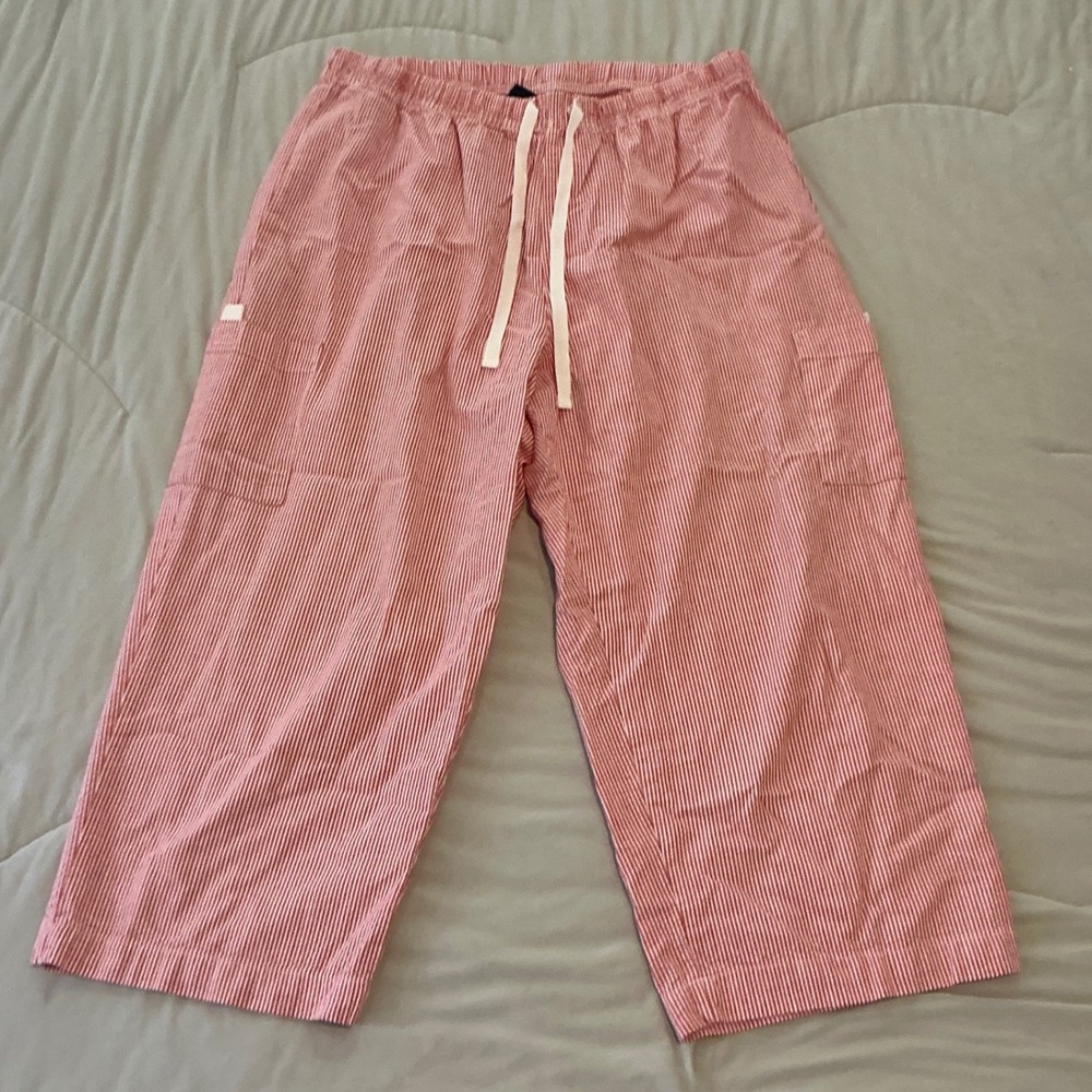 Red White Seersucker Cotton Striped Cargo Lounge Pants Large Elastic Drawstring